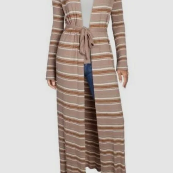 Striped Tan Long Belted Cardigan - Picture 3 of 11